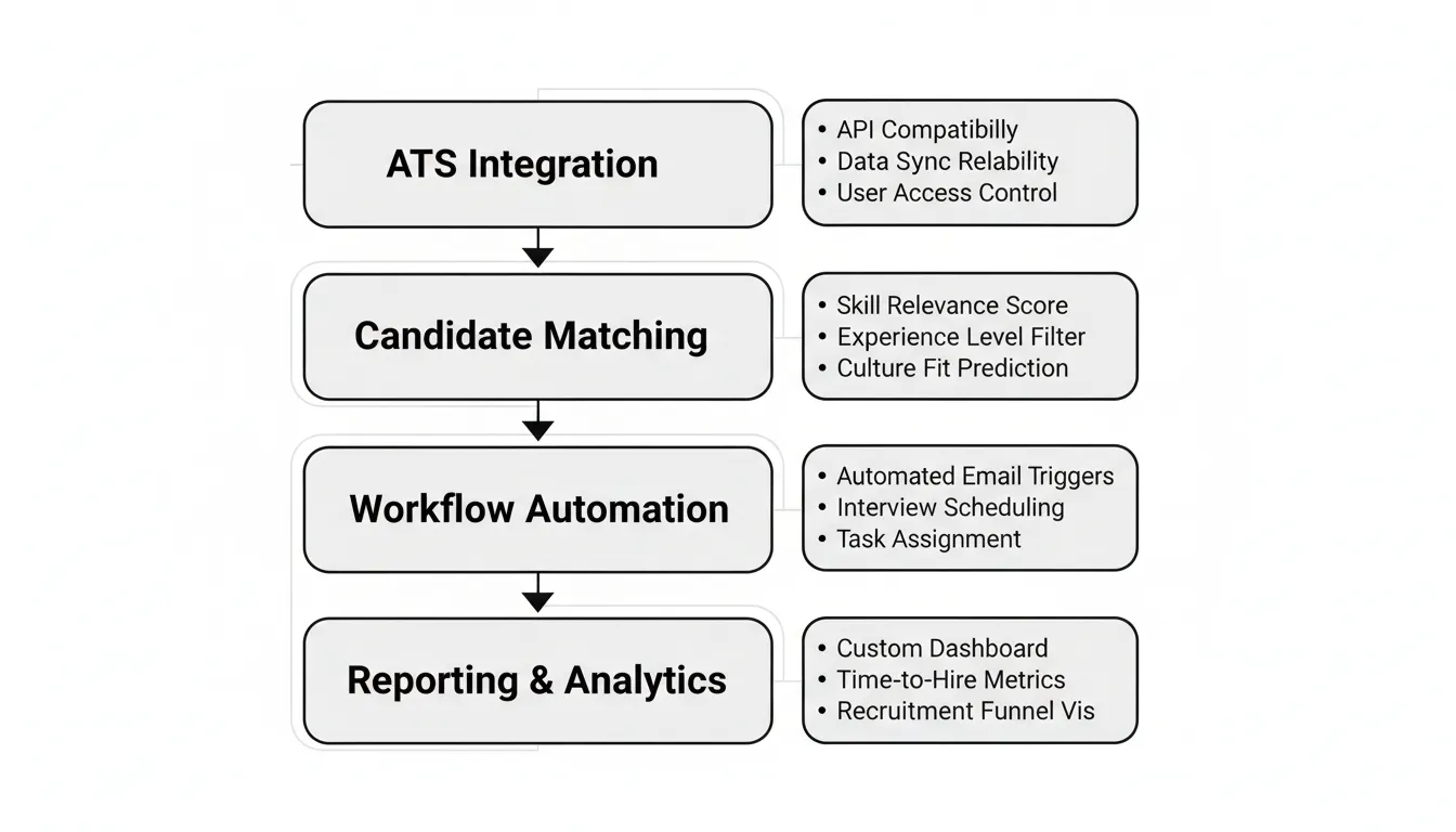 AI recruitment tool evaluation criteria flowchart showing key decision points for staffing agencies