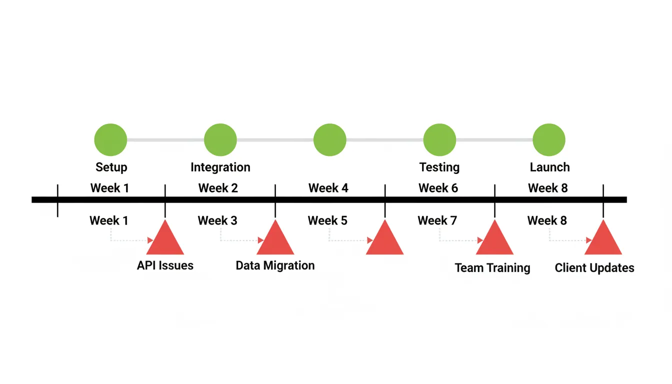 Implementation timeline showing key milestones and common delay points for AI recruitment tools