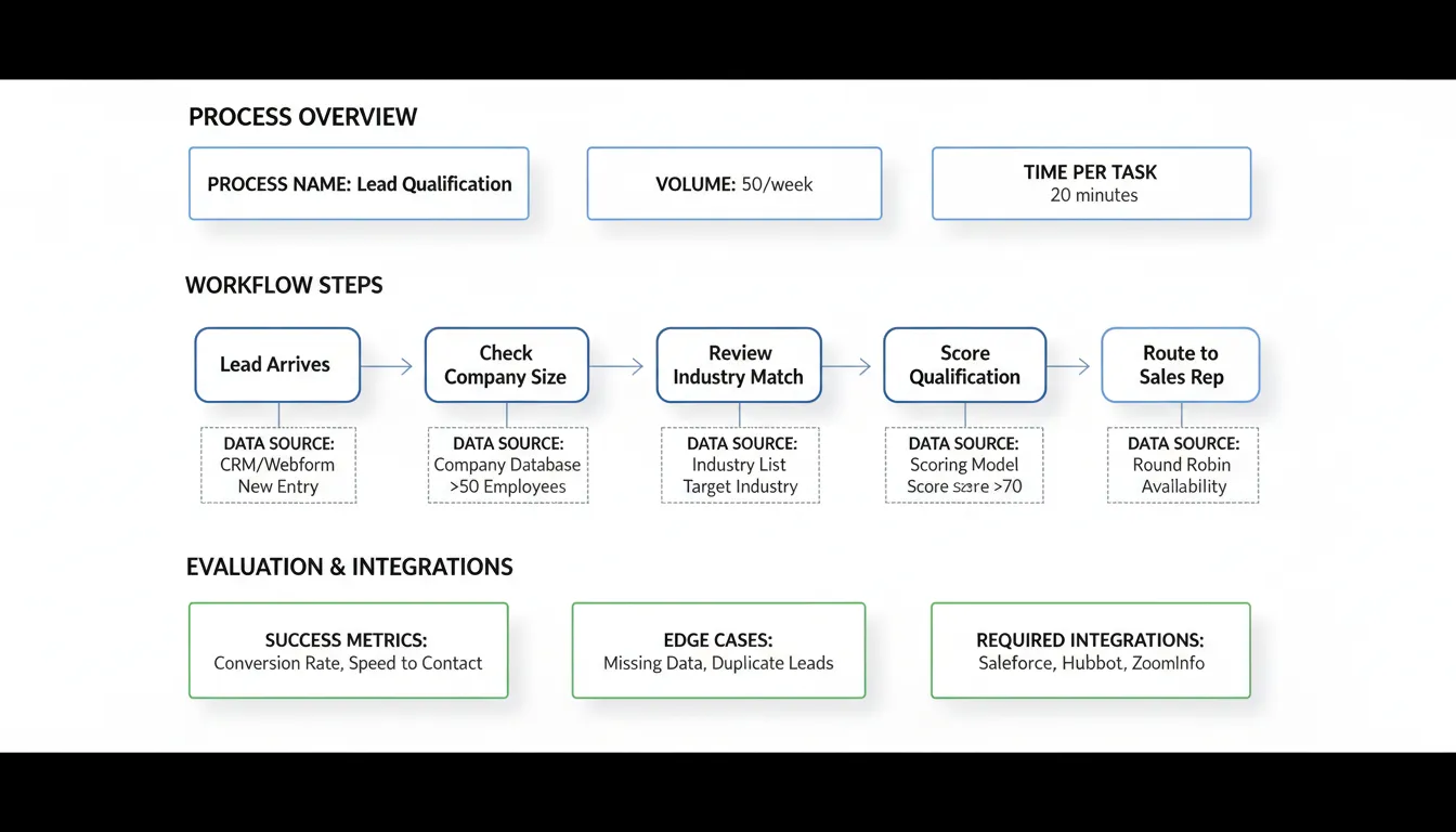 Workflow mapping template showing process documentation structure with decision points and data flows