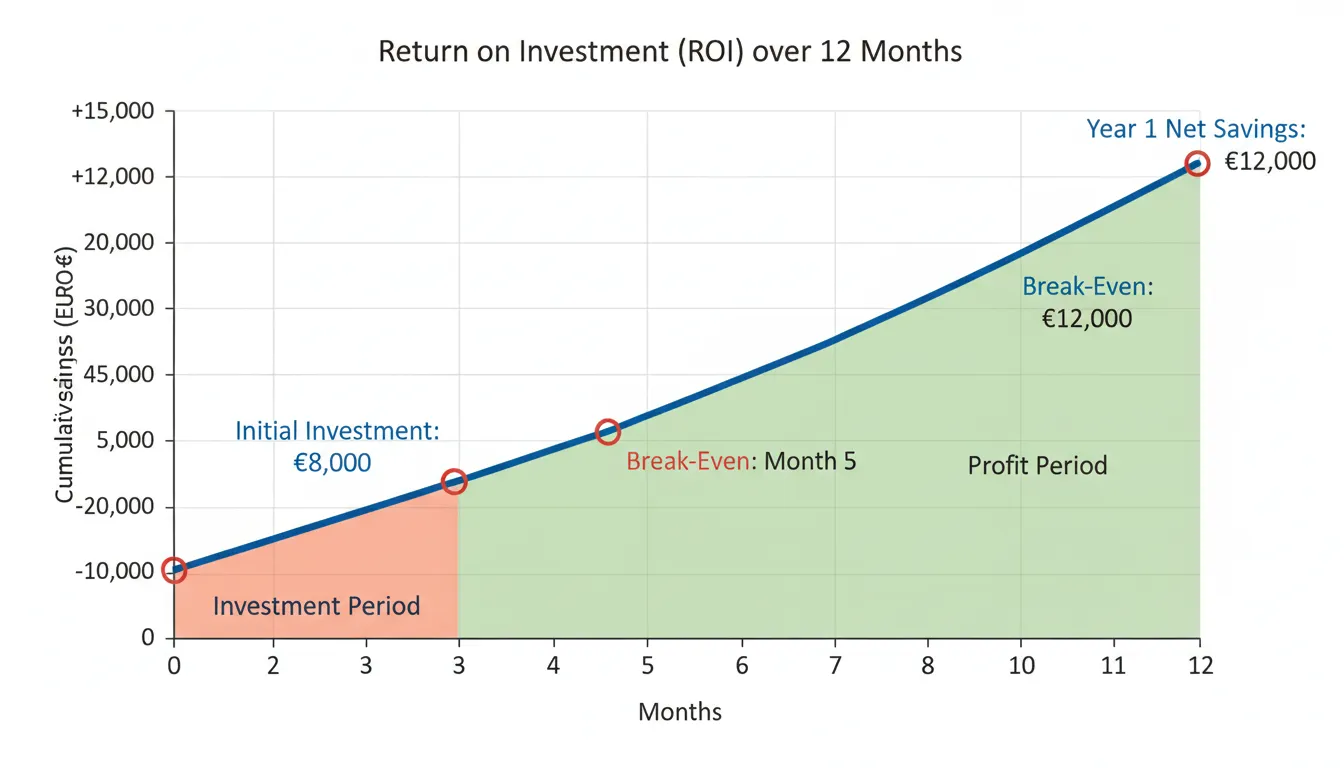 ROI calculator diagram showing cost recovery timeline over 12 months with break-even point